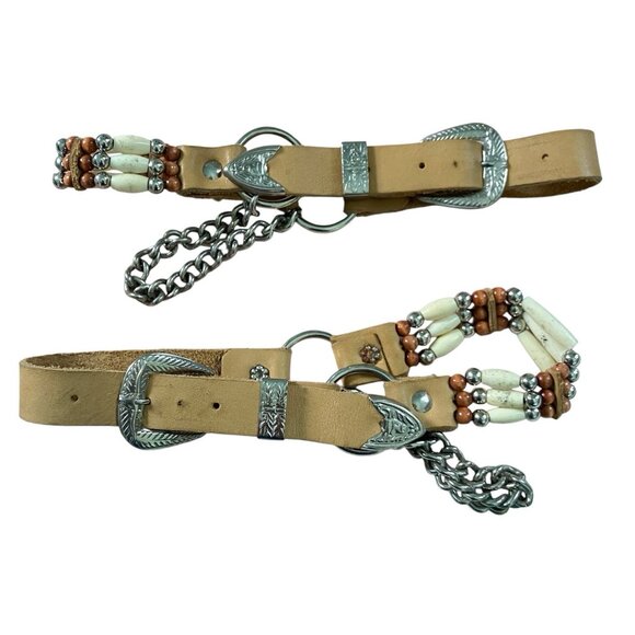 Vintage Accessories - Vtg Brown Leather Boot Decoration Harness Beaded Western Cowboy Cowgirl Chain